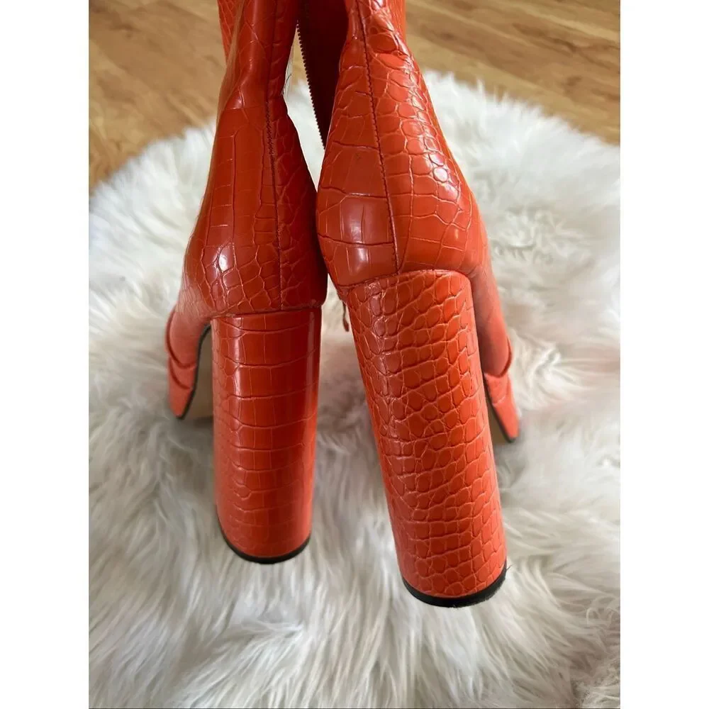 Ego orange Chunky Heels Short Boots, Waterproof Platform Back Zipper High Heel B